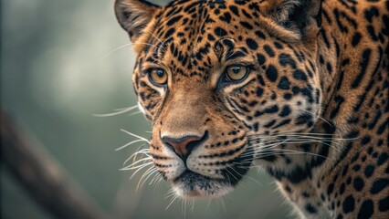 Fototapeta premium Intense Jaguar Profile Close-Up, Majestic Wildlife Portrait, Stunning Animal Photography, Exotic Big Cat Features, Captivating Eyes, Nature's Beauty, Wild Jungle Predator, Detailed Fur Texture
