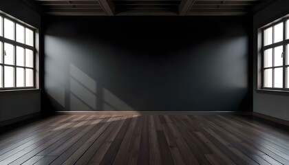 A dark, moody interior with a wooden floor and a black wall with dramatic lighting