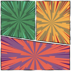 Colorful comic scene background template featuring three scenes with halftone rays and radial effects in various colors, designed in a vibrant pop-art style. Cartoon comics background with speed lines