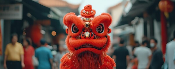 Obraz premium A vibrant red lion dance costume stands prominently in a bustling street scene, surrounded by blurred figures, celebrating a cultural festival.