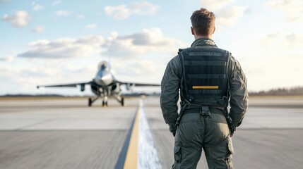 A military pilot dressed in a flight suit stands on the runway, observing a fighter jet as it readies for takeoff under a bright blue sky filled with clouds