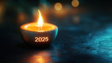 Futuristic candle with '2025' engraved on the glass, emitting a warm holographic flame on a dark surface with subtle reflections, creating a minimalist and festive atmosphere