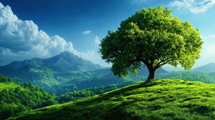 Fototapeta premium Serene Mountain Landscape with Single Tree on Hilltop