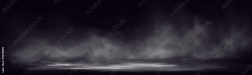 Poster Smoke on dark atmospheric background with low fog drifting across ground soft gradients .