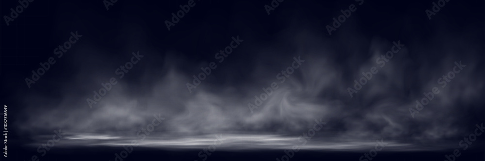 Poster smoke on dark atmospheric background with low fog drifting across ground soft gradients .