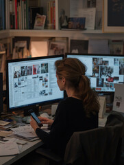 A woman works diligently at her desk surrounded by two computer screens and stacks of documents in a busy office in the evening