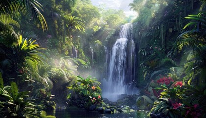 Lush Tropical Rainforest with a Cascading Waterfall