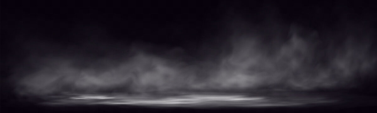 Smoke on dark atmospheric background with low fog drifting across ground soft gradients .