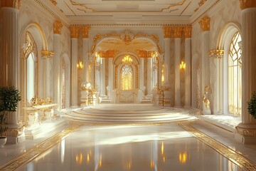 Fototapeta premium Fantasy palace interior with golden decor and castle-like features. Generative AI with generative ai