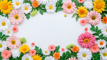 Vibrant Floral Frame Daisies, Gerbera, Roses, White Background