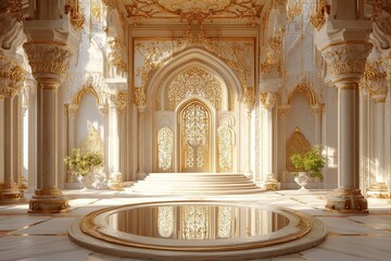 Obraz premium Fantasy palace interior with golden decor and castle-like features. Generative AI with generative ai