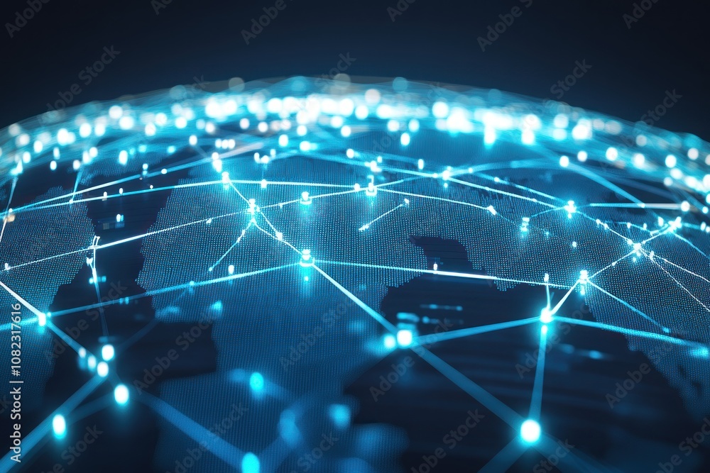 Poster a digital representation of a global network, highlighting connectivity and data flow.