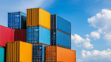 Fototapeta premium The trade war is affecting global exports,A stack of colorful shipping containers against a bright blue sky, showcasing a vibrant industrial scene.