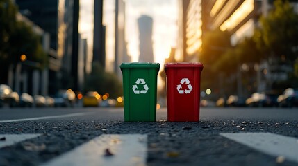 Sorting Waste Bin Awareness Theme, Two recycling bins, one green and one red, sit on a city street against a backdrop of tall buildings during sunset.