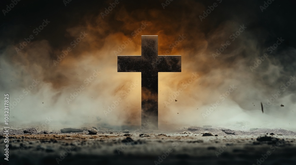 Poster a stunning metallic cross floating ethereally in a wispy mist, illuminated by an enigmatic glow agai