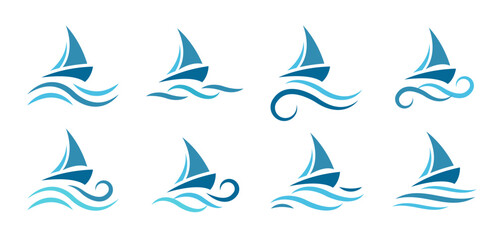 Sea sailing boat in the blue ocean. Marine ship with sail in sea waves icon collection. Sailboats design company logotype. Vector illustration.
