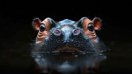 A hippopotamus appears from water with its head above water looking straight at you. Black background
