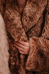 Close up winter brown fur coat on woman's figure, warm luxury clothing