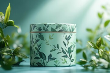 Elegant matcha tea tin mockup surrounded by fresh green foliage on a bright background