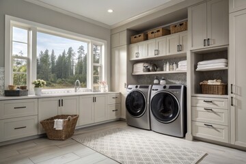 Modern Laundry Room Design with Sleek Appliances, Ample Storage Solutions, and Stylish Organization for Homeowners Seeking Efficiency and Aesthetics