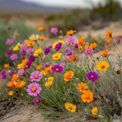 Obraz premium vibrant desert flowers standing out against the dry, sandy ground