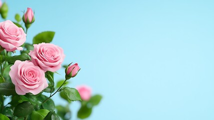 Fototapeta premium Pink Roses, Buds, Green Leaves, Light Blue Background, Floral Beauty, Nature, Spring, Blossom, Fresh