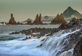 Spectacular landscape in the Cantabrian Sea with waves breaking against the rocks