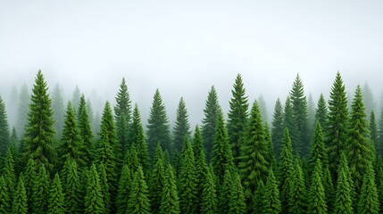 Fototapeta premium Misty Evergreen Forest Lush Coniferous Trees in Foggy Landscape