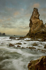 Spectacular landscape in the Cantabrian Sea with waves breaking against the rocks
