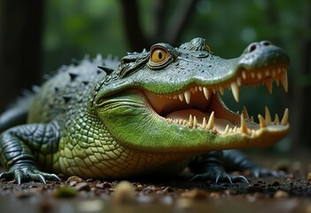 Fototapeta premium A close-up of a green crocodile or alligator with its mouth open, revealing sharp teeth