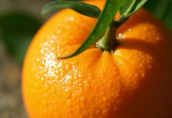 A close-up of a ripe, juicy orange with a green stem and leaves attached