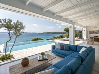 Fototapeta premium Modern Outdoor Terrace with Infinity Pool and Sea View - Panoramic Photography of White Living Room and Blue Sofa