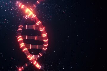 Obraz premium A glowing DNA double helix against a dark, starry background, symbolizing genetics and science.