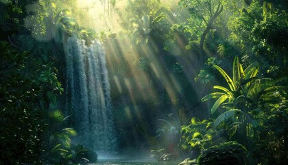 Obraz premium Sunbeams Illuminating a Waterfall in a Lush Jungle