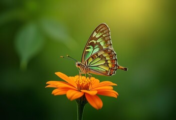 A colorful butterfly with intricate patterns perched on an orange flower against a blurred green background