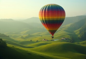 A colorful hot air balloon floating over a rural landscape with green fields and rolling hills in the background