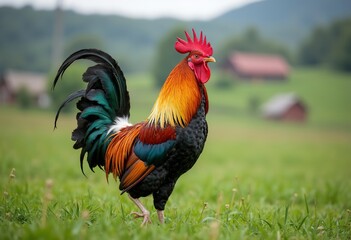 A colorful rooster standing on a grassy field, with a blurred background