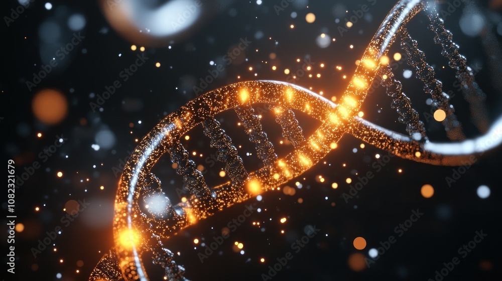 Poster a close-up visualization of a dna double helix with glowing elements and a dark background.
