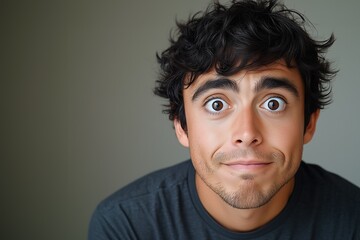 Obraz premium Surprised young man with curly hair in a casual setting expressing curiosity and amazement