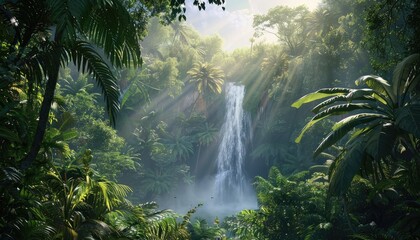 Lush Tropical Rainforest with Waterfall and Sunbeams