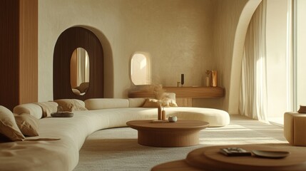 A chic living room with clean lines, curved furniture, and muted tones, exuding a calming vibe with diffused ambient lighting.