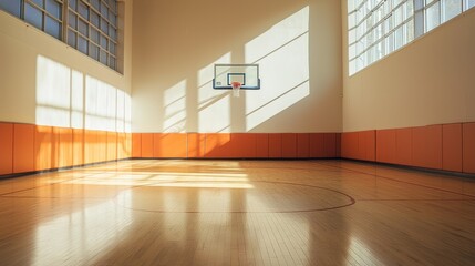 Obraz premium Bright and empty basketball court with sunlight streaming through large windows during the day in a gymnasium