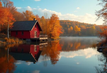 Fototapeta premium A red wooden cabin reflected in a calm lake surrounded by a forest of colorful autumn trees under a clear blue sky