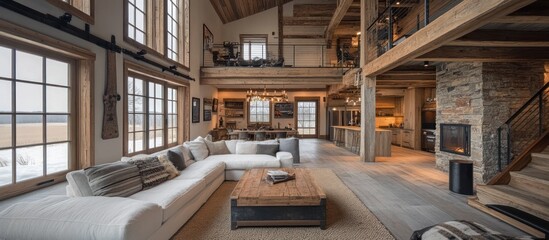 Fototapeta premium A spacious living room in a modern rustic home features a large white sectional sofa, a wooden coffee table, exposed beams, and a stone fireplace.