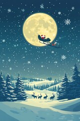 Naklejka premium Starry night sky with a full moon, Santa Claus flying in his sleigh pulled by reindeer across the horizon, Christmas trees on snow-covered hills, vector illustration, cartoon style, flat design, high 