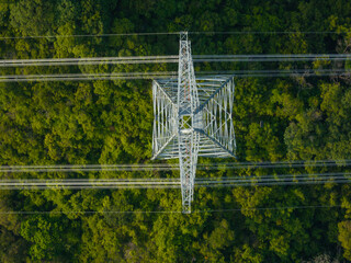 Aerial view of high voltage electricity tower on mountain