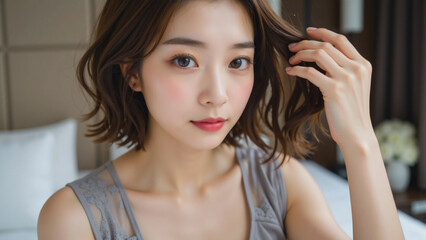 Fototapeta premium 柔らかなグレーのトップスを着た女性が髪を整える姿、淡いピンクの頬が健康的な魅力を引き立て、ホテルのようなモダンなインテリアと自然光がリラックスした雰囲気を演出するポートレート