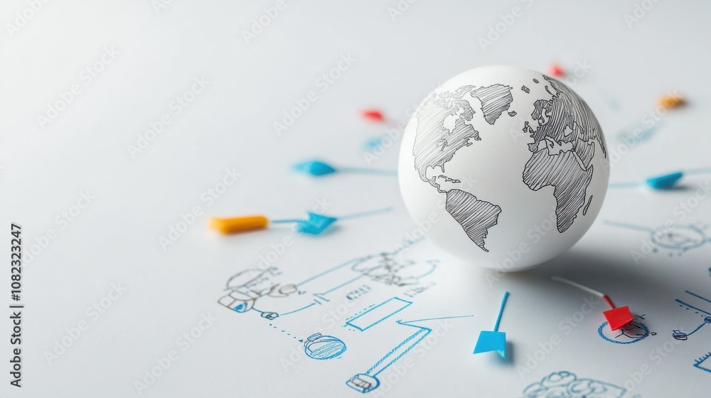 Aufkleber a globe depicting world maps sits at the center, surrounded by arrows and icons illustrating connect