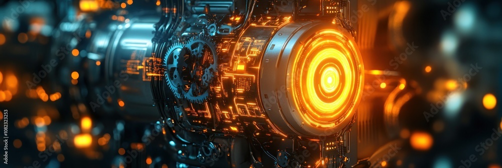 Poster a close-up of a futuristic mechanical component with glowing elements.