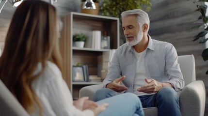 Obraz premium A thoughtful conversation between a senior man and a young woman in a modern living room during a calm afternoon meeting
